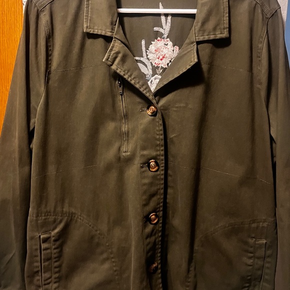 JustFab Olive Green Jean Jacket with Floral Embroidery - Picture 3 of 8